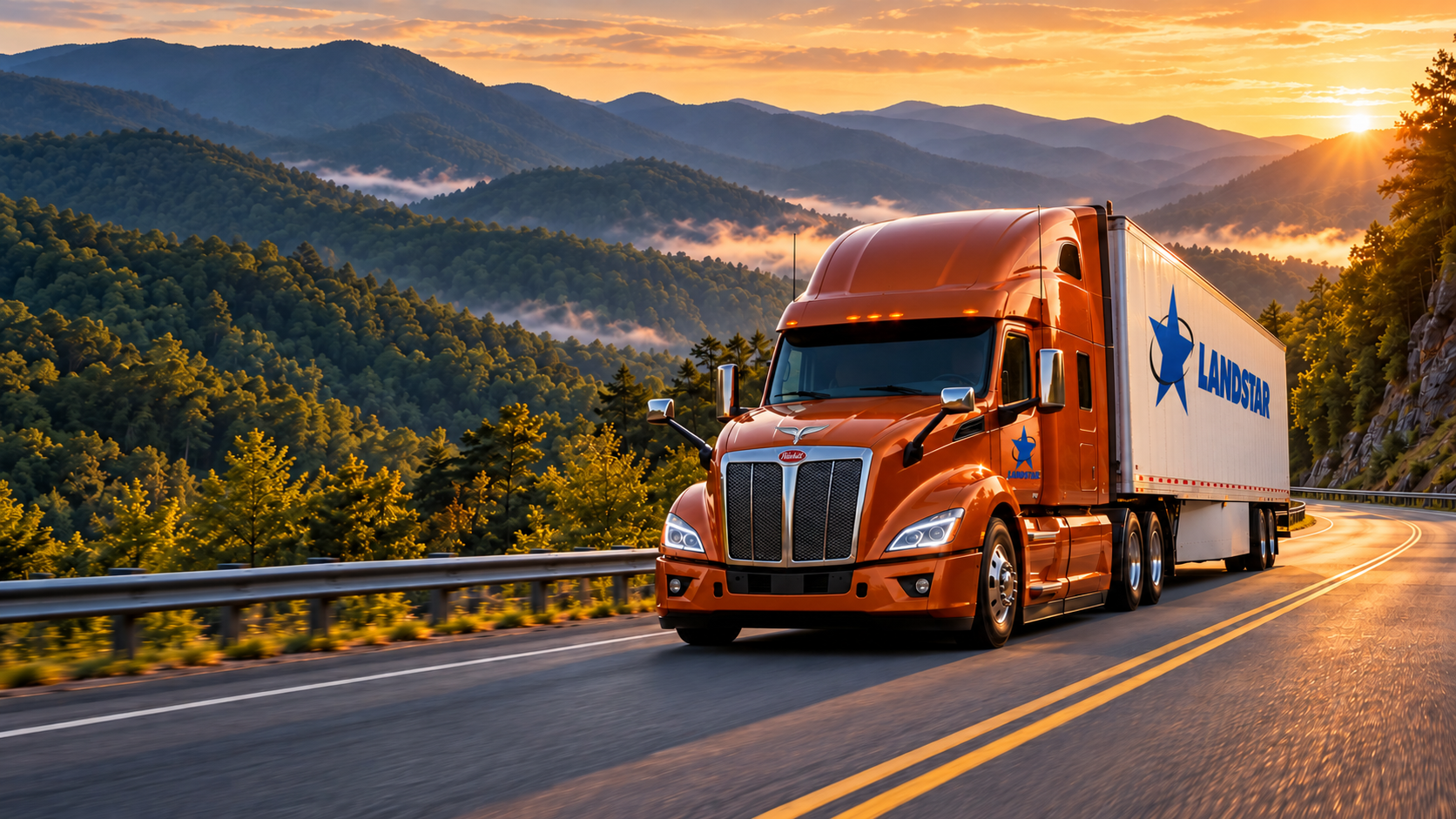 Illustration of a copper-orange truck and dry-van trailer traveling through the Blue Ridge Mountains at sunset.